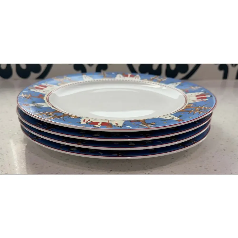 Debbie Mumm Sakura Snowman Dinner Plates 11” Set of 4 Christmas Stoneware